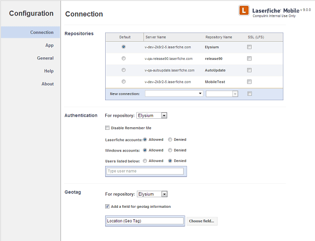 Laserfiche Mobile Configuration Page