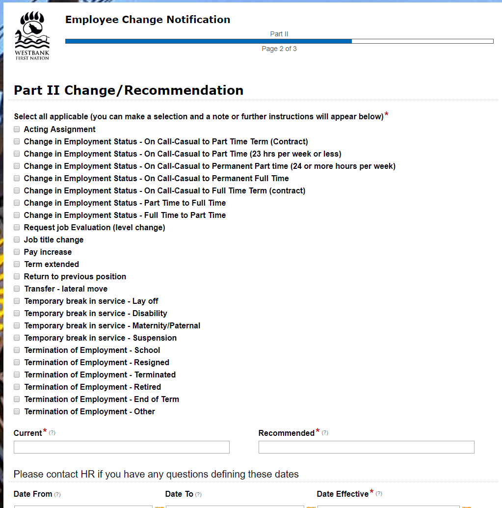 This image shows an electronic form with various options for status changes