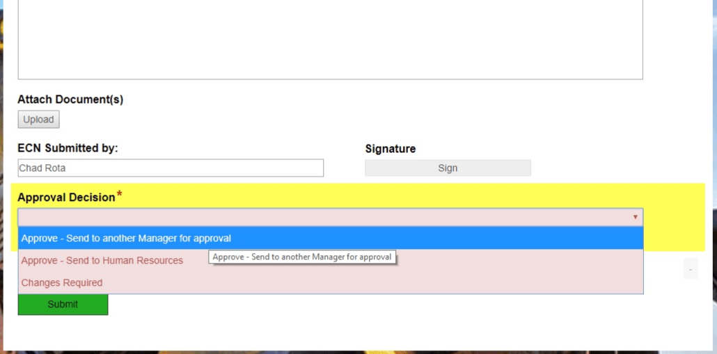 This image shows an electronic forms with three different options for approval decisions