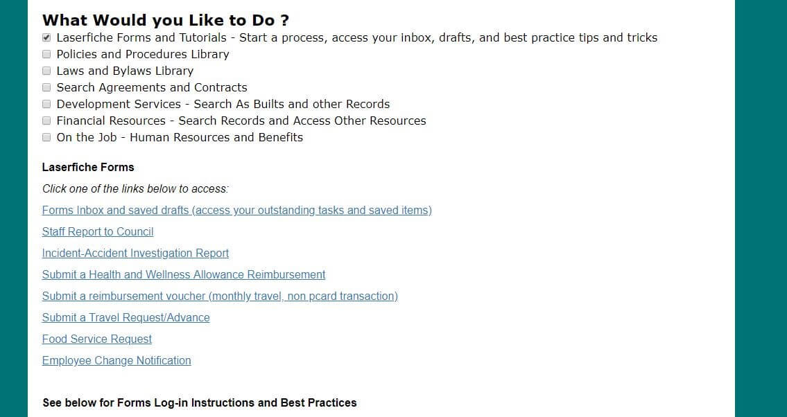 This image shows the various options on the employee portal that appear when the user checks the Laserfiche Forms and Tutorials option