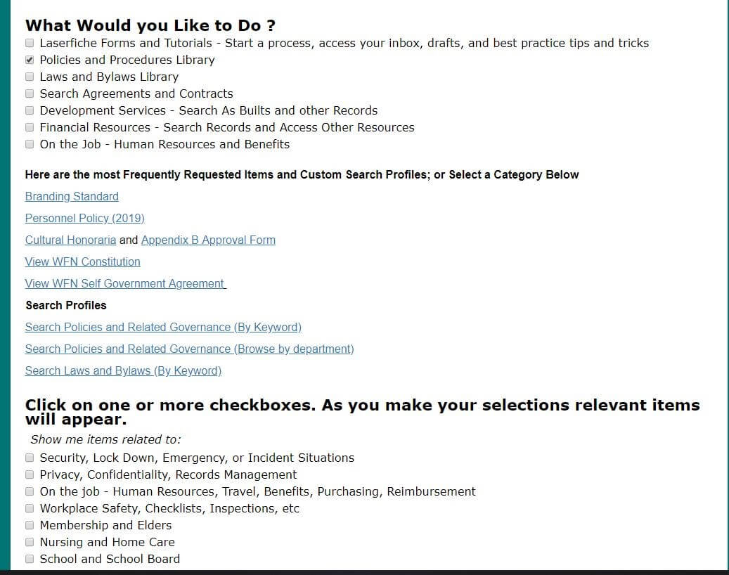 This image shows the employee portal when a user checks the Policies and Procedures Library option