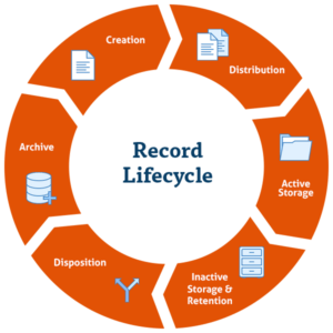 The record lifecycle encompasses the following phases: the creation, distribution, active storage, inactive storage and retention, disposition and archiving of an organization’s records.