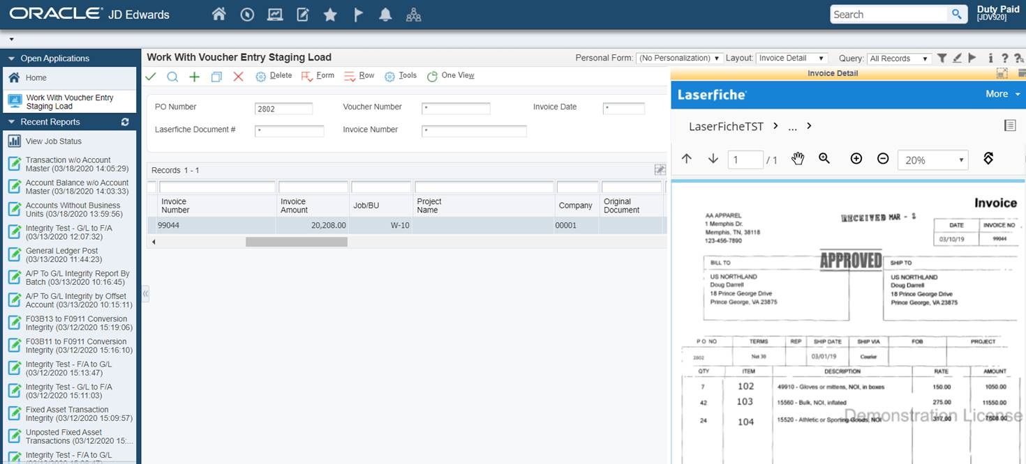 JD Edwards-Laserfiche Integration Screenshot 1