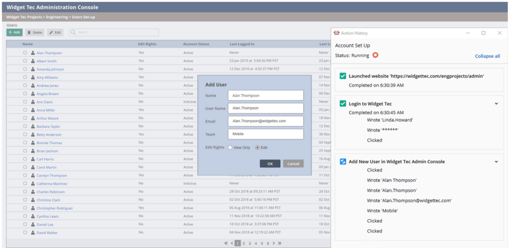 A Laserfiche bot automatically creates a new user in an administrative control, detailing its steps as it performs them.