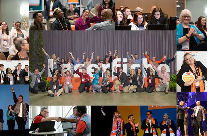 Collage of happy Laserfiche customers: customers clapping their hands, laughing and enjoying each others' companies, an employee helping a customer with her laptop, customers posing in a photo booth, customers giving a fist bump, a customer waving, customers shaking hands, and a customer giving an enthusiastic cheer.