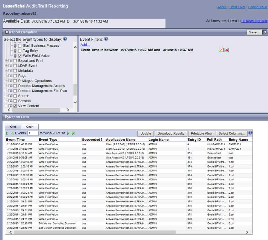 Application window featuring audit trails.