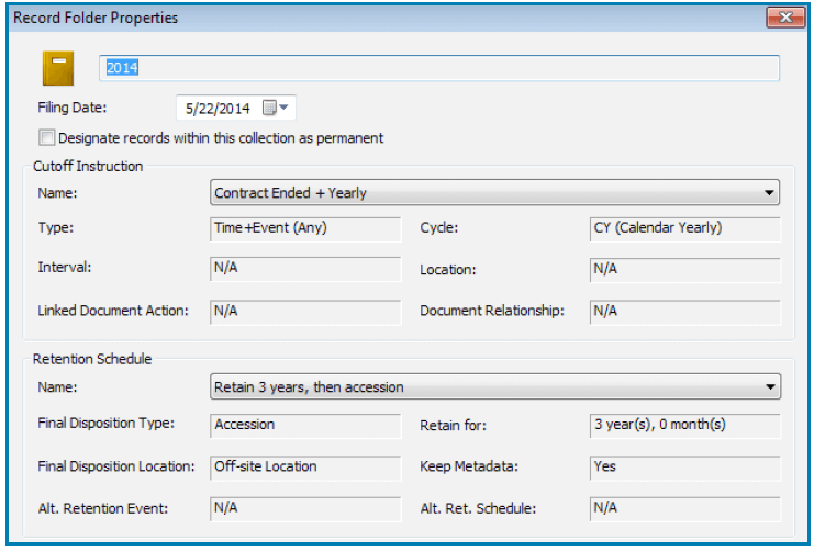 Application window showing record folder properties.