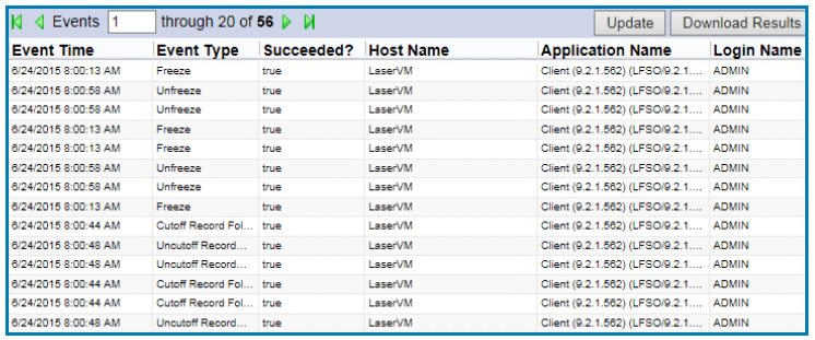 Application window showing an event log of records management actions.