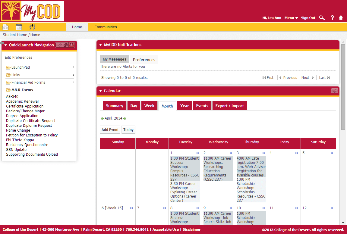 College of the Desert's online student portal.