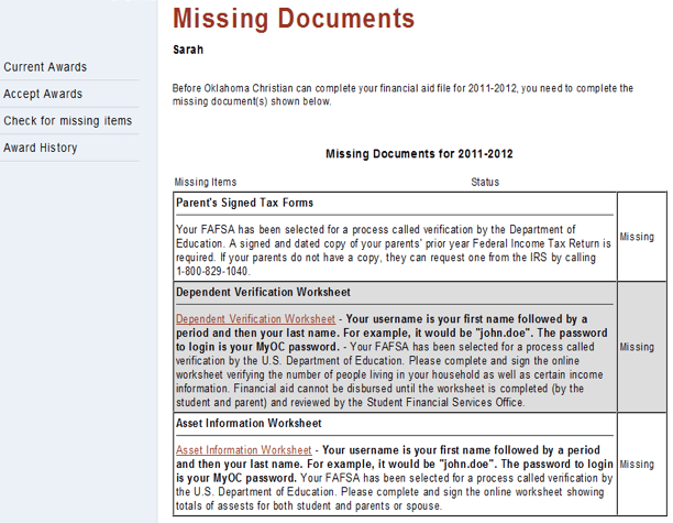 Oklahoma Christian University's online financial aid checklist.
