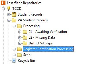 Tarrant County College District's VA benefits folder structure.
