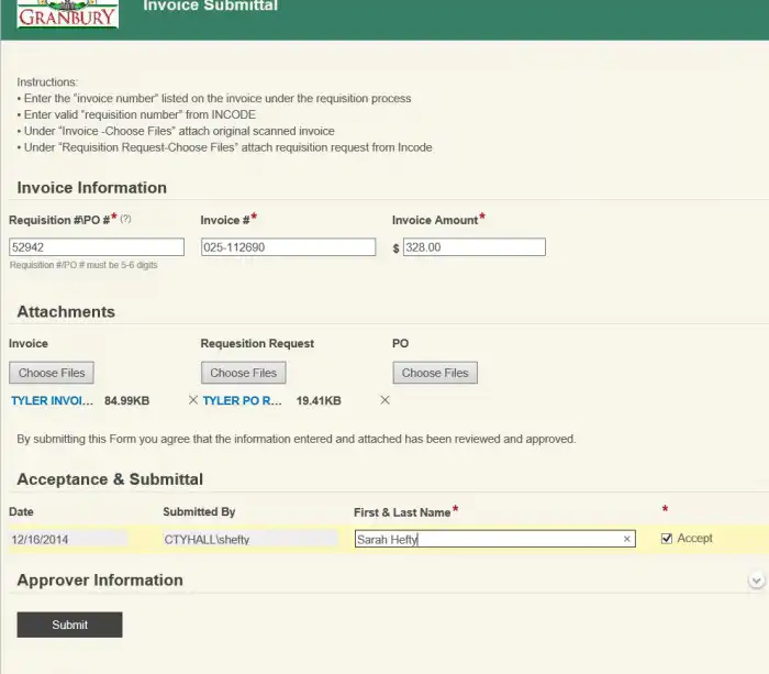 The clerk can easily upload all required documents and submit the invoice electronically