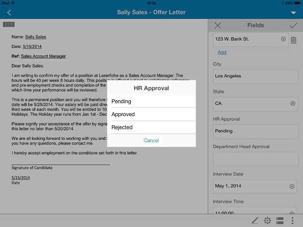 Mobile processing of job application