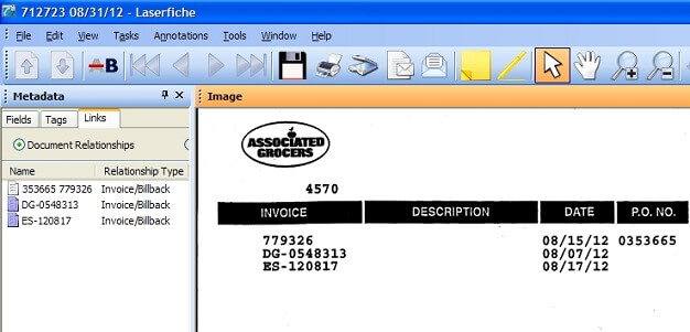 The links metadata pane on an Associated Grocers invoice.