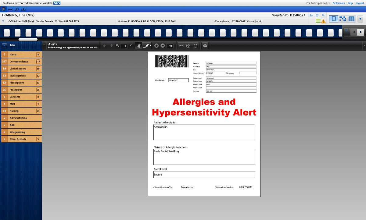 Mrs. Training’s Medical Record