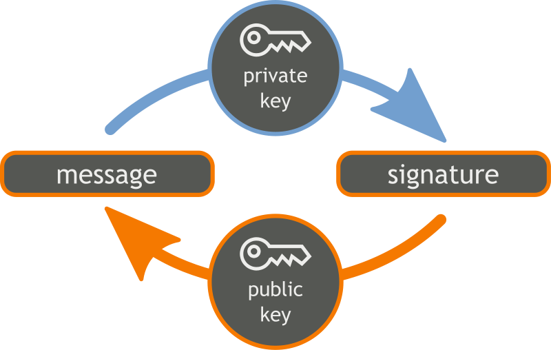 Image showing how private keys can digitally sign messages that can then be read using public key.