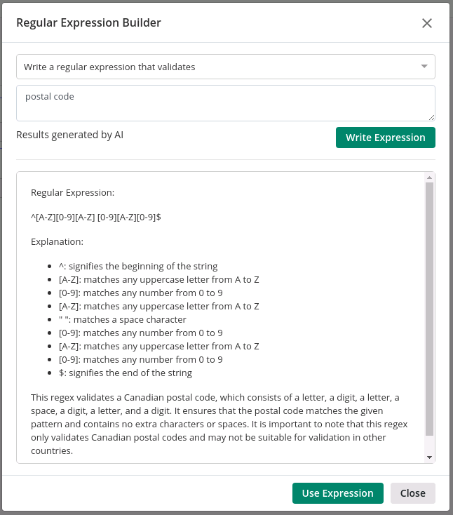 Window featuring the Regular Expression Builder within Laserfiche, that showcases AI creating a regular expression for postal codes.