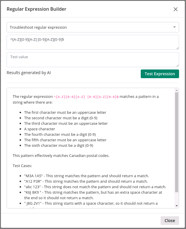 Window featuring the Regular Expression Builder within Laserfiche, that showcases AI validating a regular expression for postal codes.