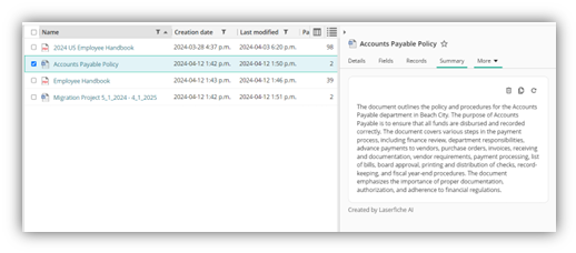 Concise summary of a document's contents via AI Document Summarization in Laserfiche Cloud.