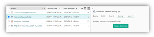 The "Create Summary" button in AI Document Summarization in Laserfiche Cloud.