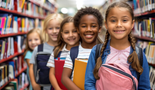Kids standing in line inside library