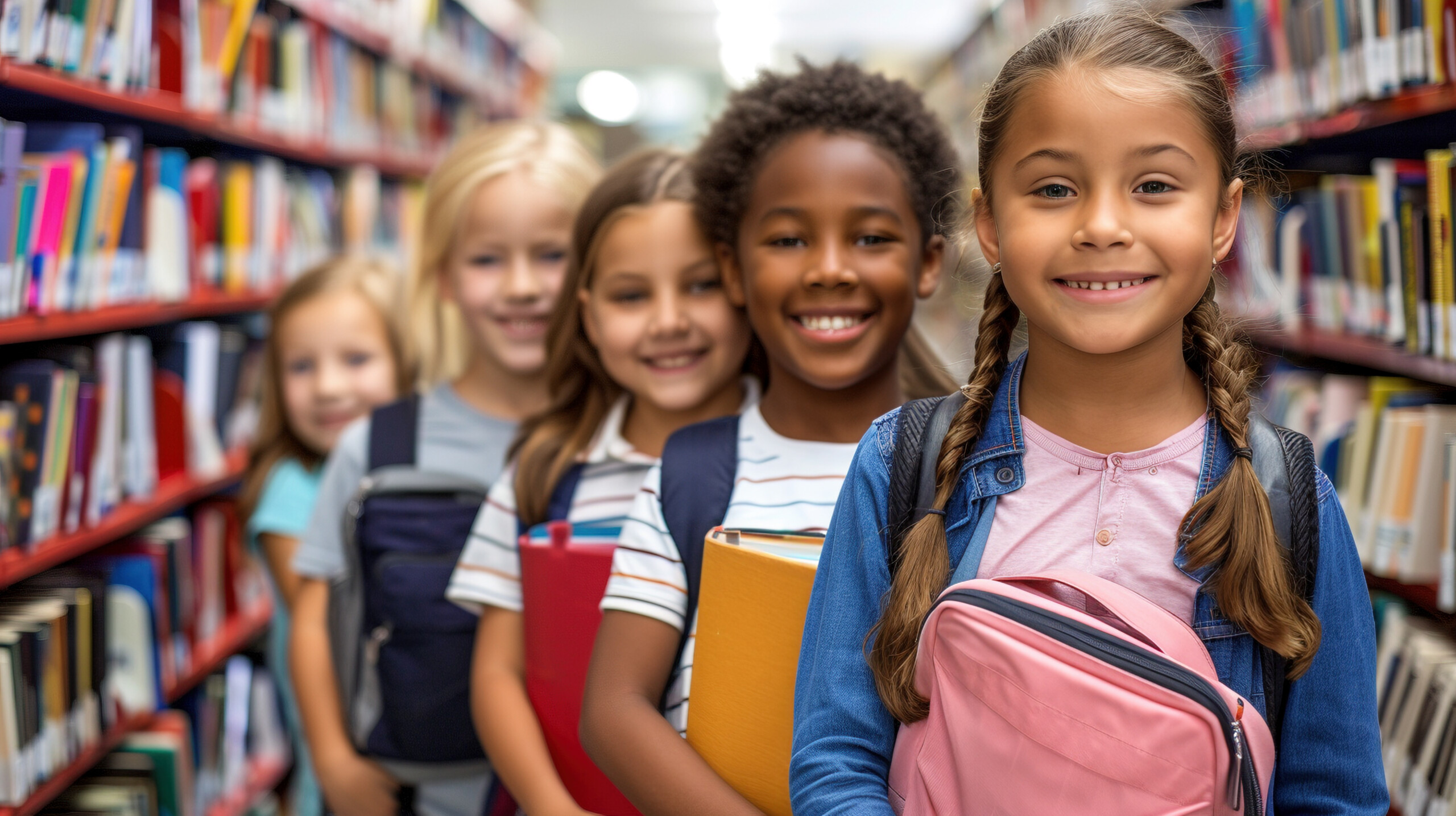 Kids standing in line inside library