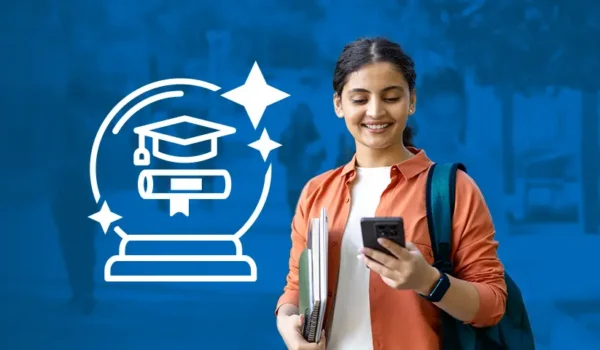Student holding notebooks looking at phone