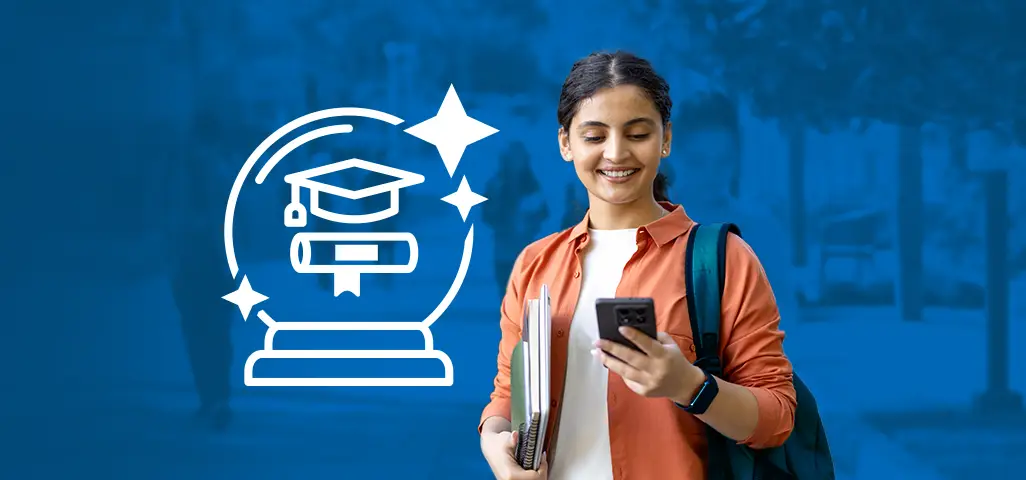 Student holding notebooks looking at phone
