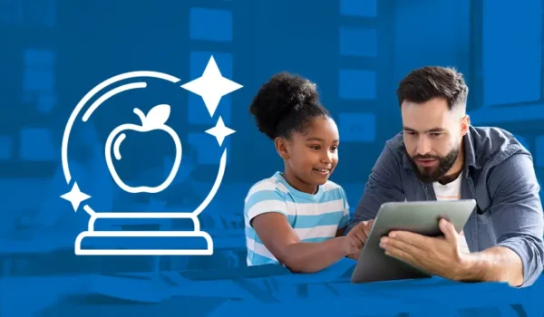 Teacher helping student with tablet