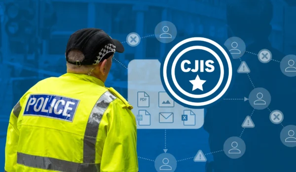 Police officer in yellow vest on blue background with CJIS emblem