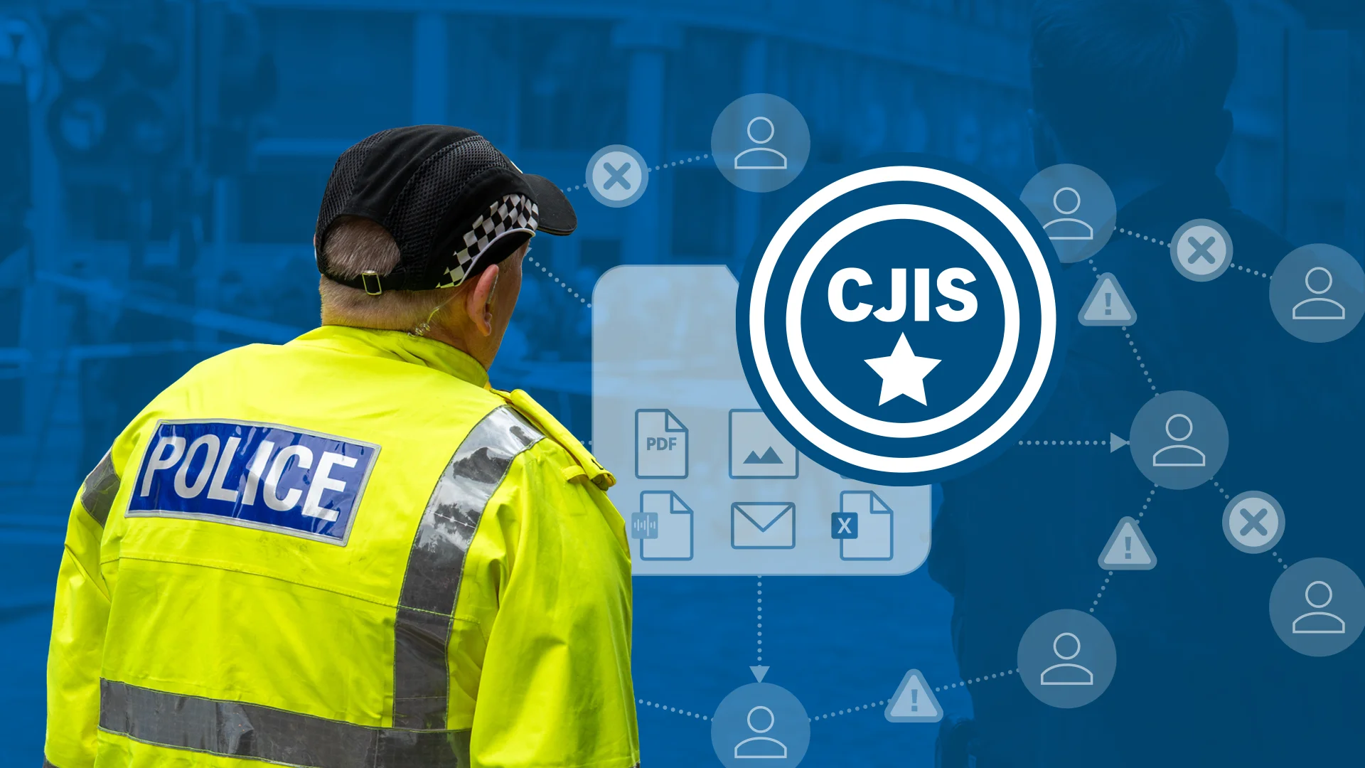 Police officer in yellow vest on blue background with CJIS emblem