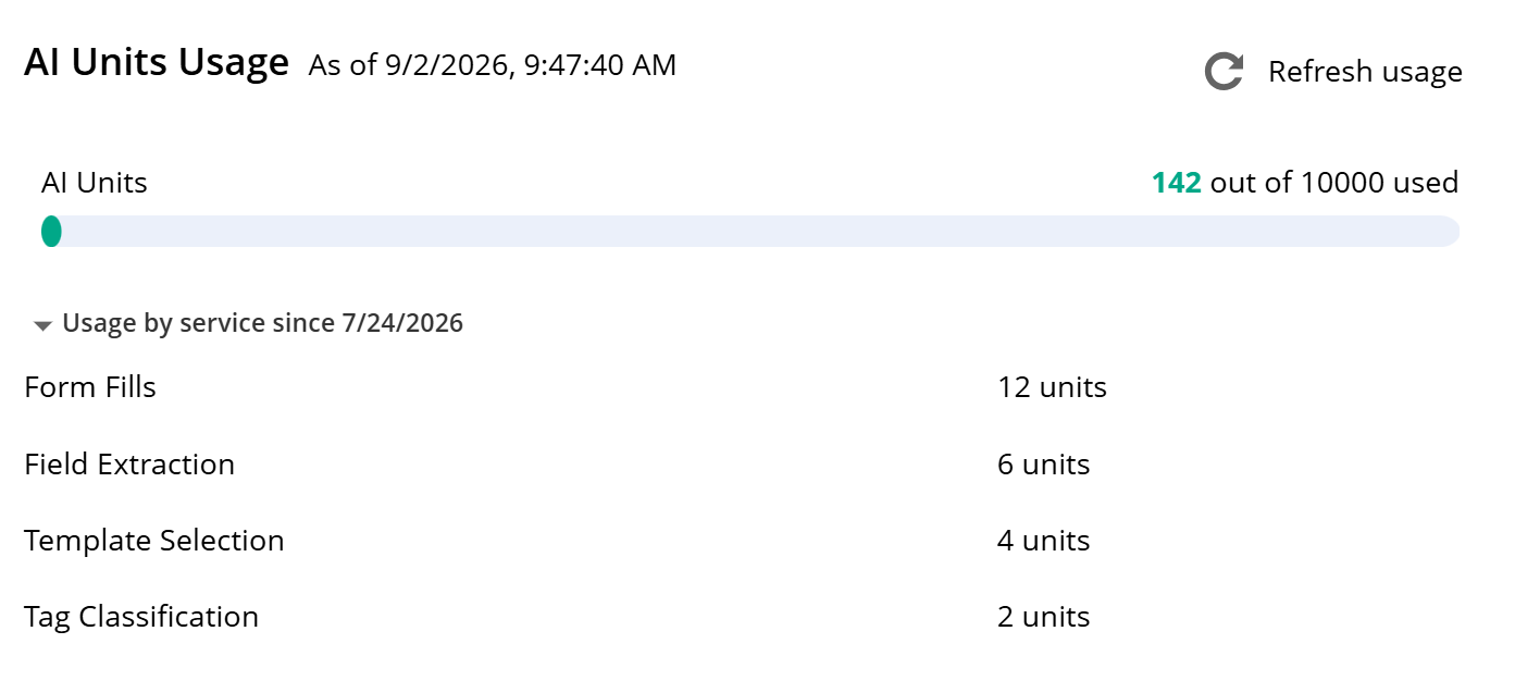 Breakdown of Laserfiche AI units consumed by feature. 