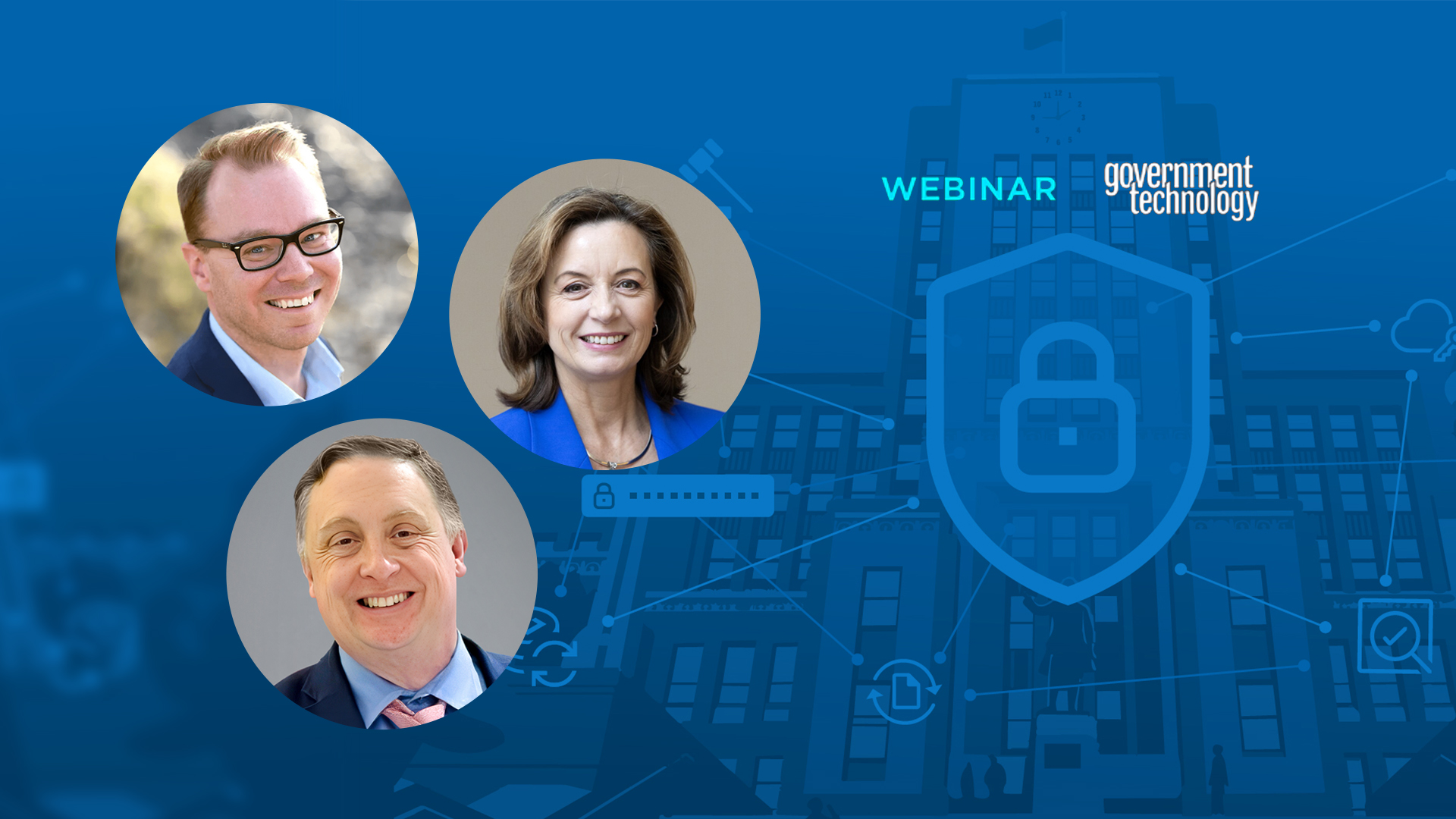 Headshot of three webinar speakers on blue background
